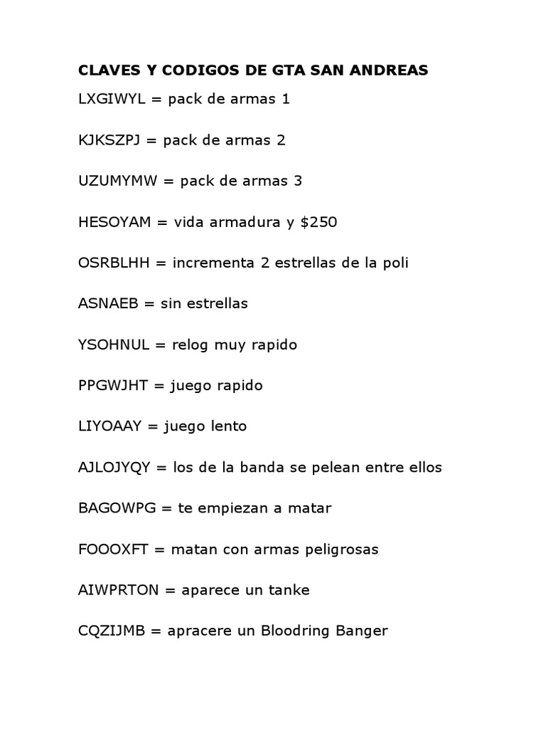 Claves y Codigos de Gta San Andreas, PDF, Ocio